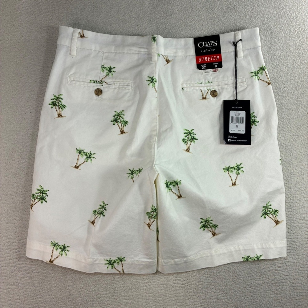 Chaps Coastland Wash Short Men 32x9 White Palm Tree AOP Stretch Chino Preppy NWT